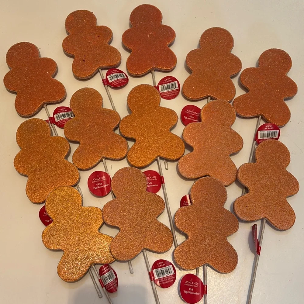 Gingerbread Man Picks Set of 13 Gingerbread Cookie Floral Tree Piks Glittery NWT
